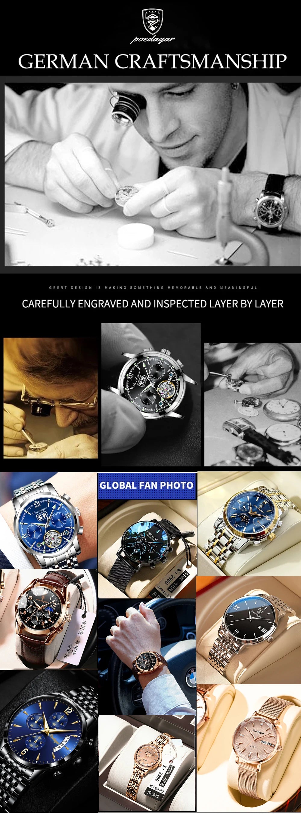 POEDAGAR Business Men Watch Date Week Waterproof Luminous Luxury Man Wristwatch Sports Stainless Steel Men's Quartz Watches Male